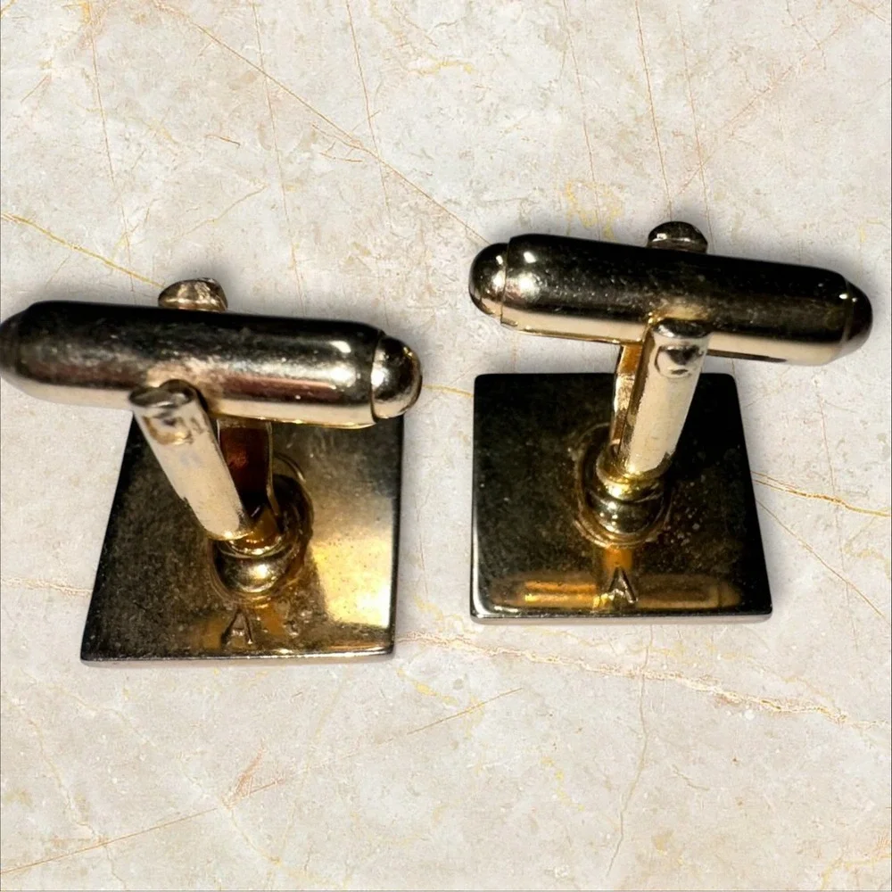 Vintage Anson Gold Tone and Red‎ Stone Square Textured Cuff Links